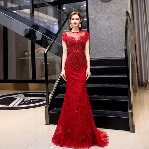 Vestido de noche de sirena para mujer, vestido de fiesta sexy de encaje para mujer, vestido formal con cuentas 