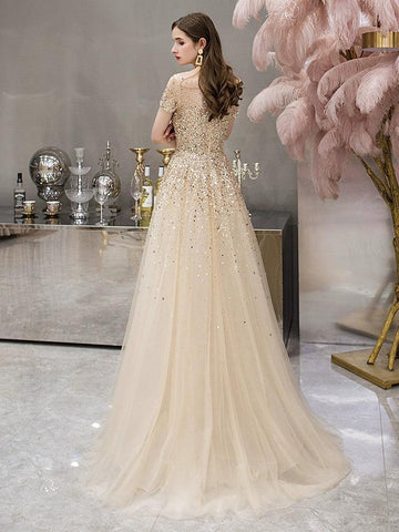 Vestido de noche dorado, elegante y de alta calidad, largo de fiesta. 