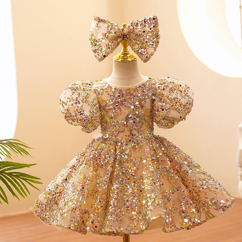 Vestido de fiesta de cumpleaños para bebé niña, de tul y lentejuelas color oro champán 