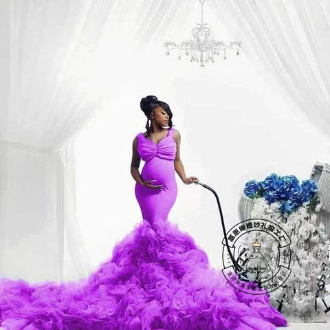 Vestido de maternidad con cintura de tul suave, corte sirena y elástico, ideal para fotos de mujeres embarazadas con barriga grande.