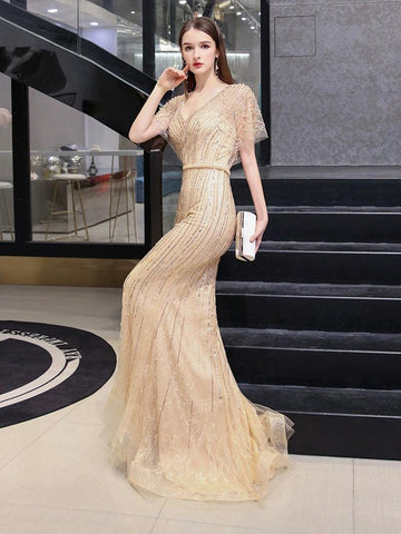 Robe de soirée sirène longue à col en V pour femme, robe de bal perlée 