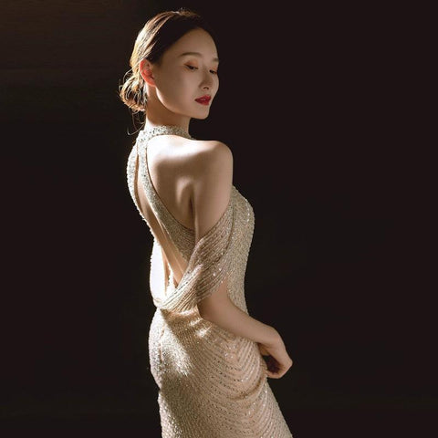 Robe de soirée sirène sexy pour femme, robe de bal longue et élégante ornée de perles 