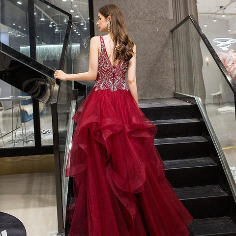 Robe de soirée trapèze sexy à col en V pour femme, tenue de bal ornée de perles 