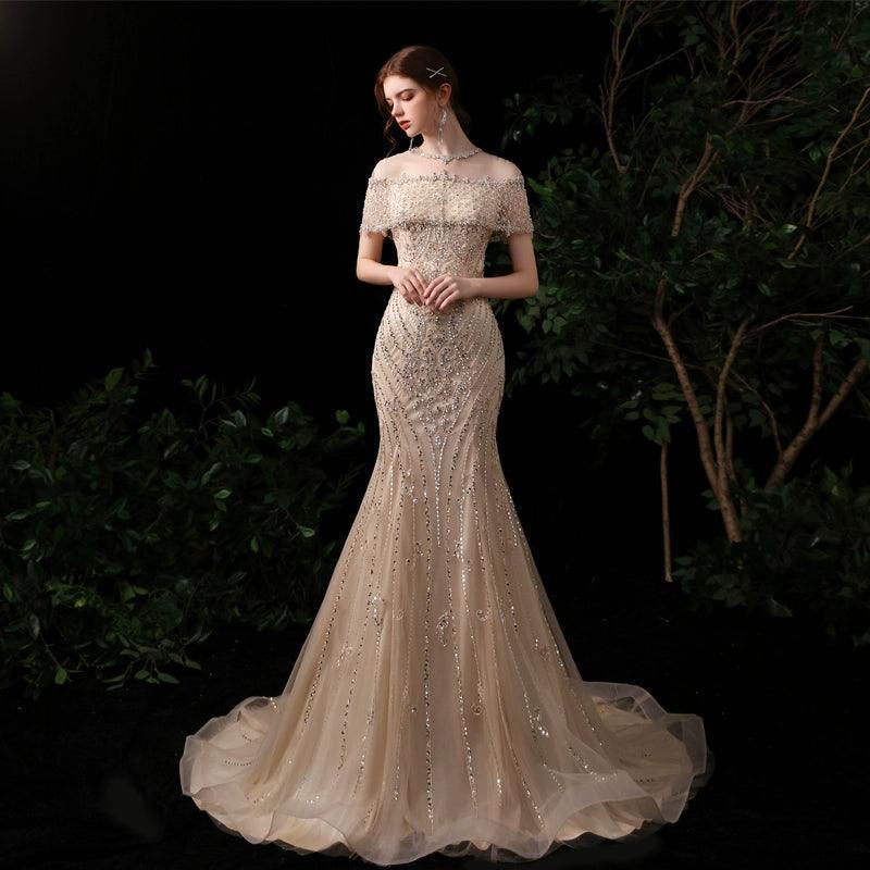 Robe de soirée longue sirène pour femme, robe de bal perlée 