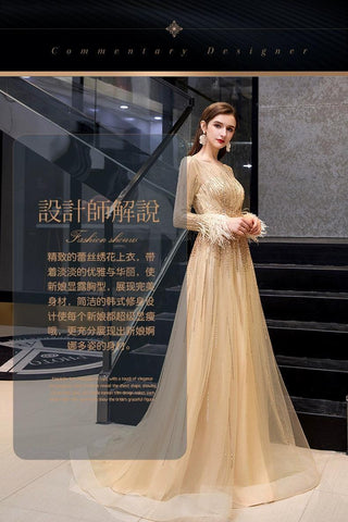 Women's Long Sleeve Prom Dresses Sexy A-Line Evening Dress Beaded Formal Dress for Women