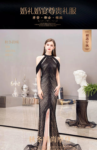 Women's Sexy Evening Dress Beaded Formal Dresses Long Prom Dresses for Women