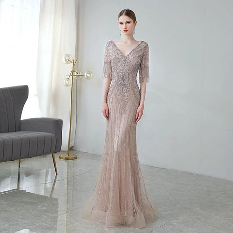 Robe de soirée sirène pour femme, robe de bal longue à col en V et perles 