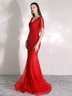 Women's Mermaid Evening Dress Long Sexy Prom Dresses Beaded V-Neck Formal Dresses