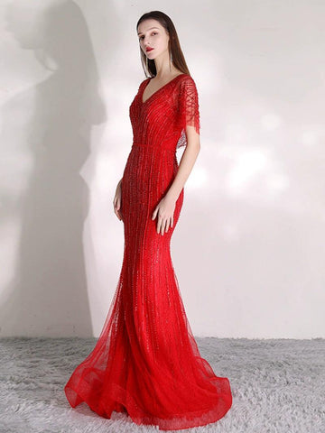 Robe de soirée sirène longue et sexy pour femme, tenue de bal avec perles et col en V 