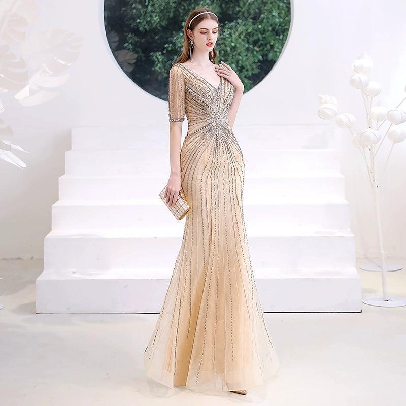 Vestido de noche de sirena para mujer, vestido largo de fiesta con escote en V y vestido formal con cuentas 