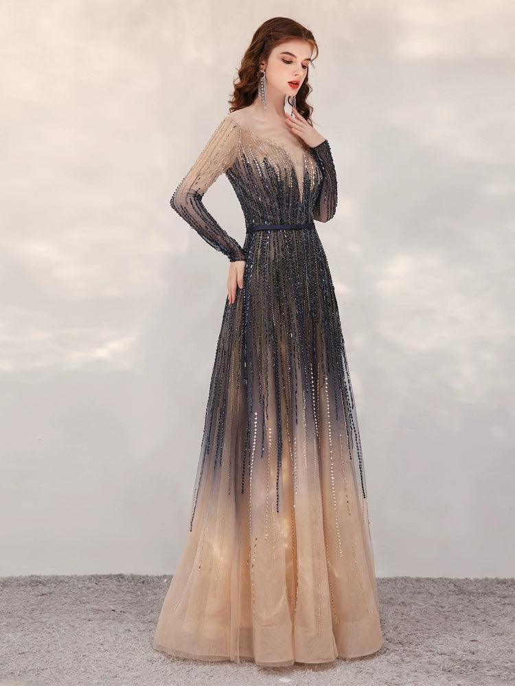 Vestidos de fiesta de corte A, sexys, de manga larga, de noche, con cuentas, formales, para mujer 