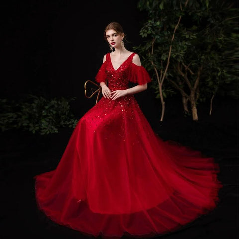 Women's V-Neck Evening Dress Sexy Prom Dresses Beaded Formal Dresses for Women