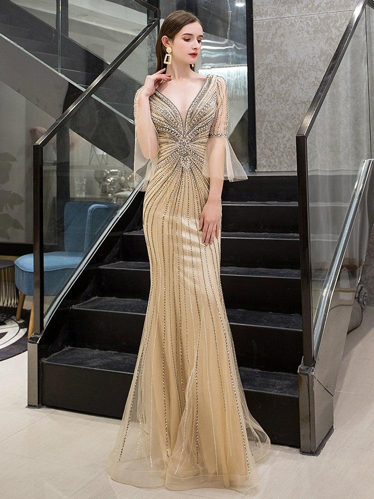 Women's Mermaid Evening Dress V-Neck Prom Dresses Beaded Formal Dresses for Women