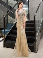 Women's Mermaid Evening Dress V-Neck Prom Dresses Beaded Formal Dresses for Women