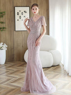Vestido de noche de sirena para mujer, vestido de fiesta sexy con escote en V, vestido largo formal con cuentas 
