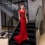 Robe de soirée sirène sexy en dentelle pour femme, tenue de bal avec perles 