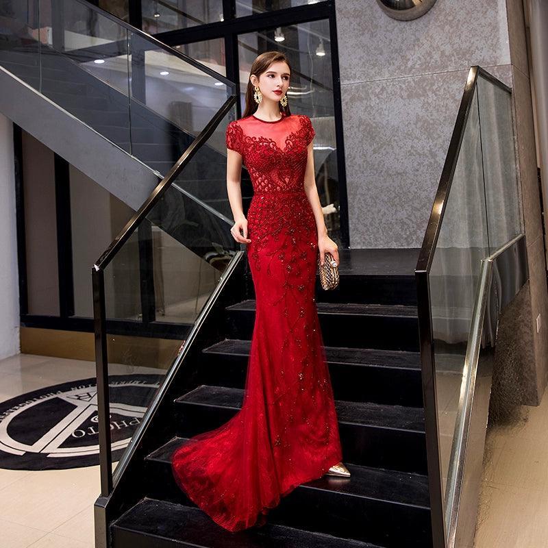 Robe de soirée sirène sexy en dentelle pour femme, tenue de bal avec perles 