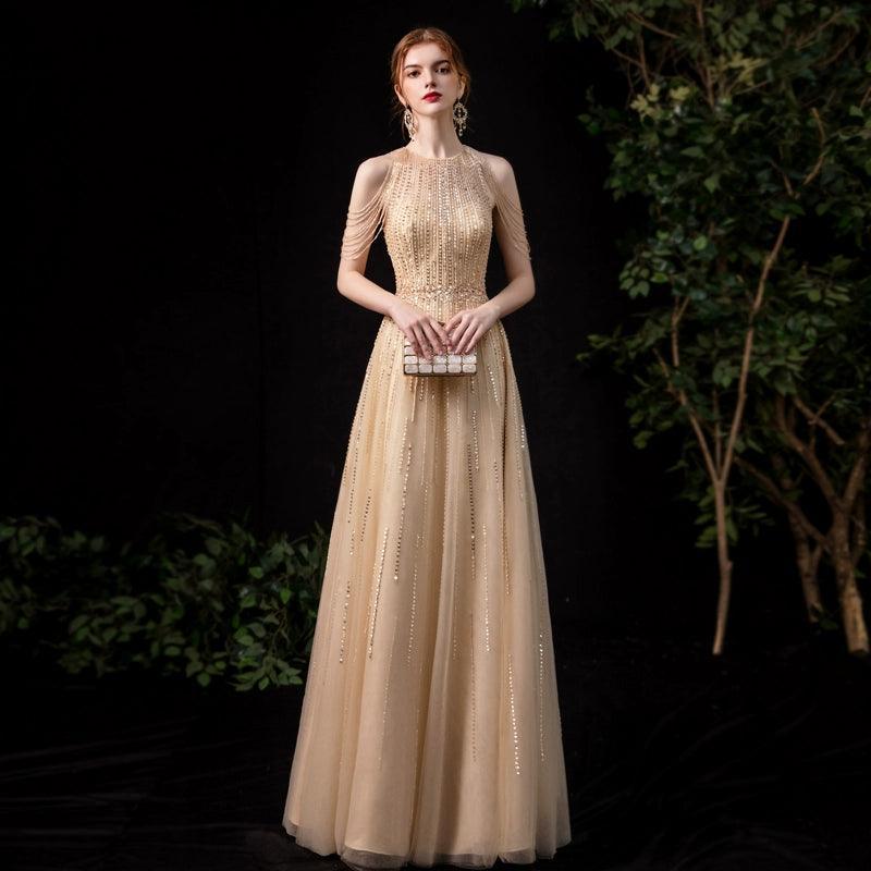Vestido de noche de corte A para mujer, vestido sexy de graduación, vestido formal con cuentas, sin mangas para mujer 