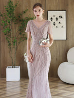 Vestido de noche de sirena para mujer, vestido de fiesta sexy con escote en V, vestido largo formal con cuentas 