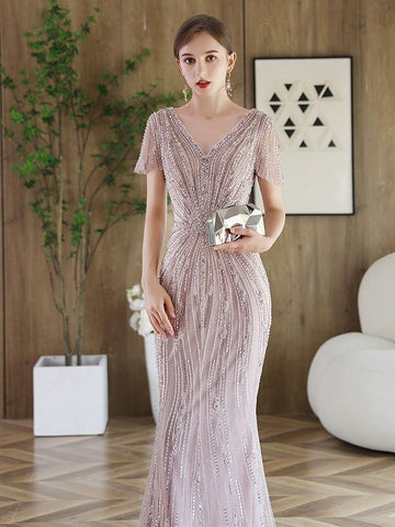 Vestido de noche de sirena para mujer, vestido de fiesta sexy con escote en V, vestido largo formal con cuentas 