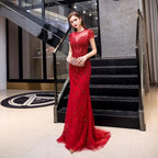 Robe de soirée sirène sexy en dentelle pour femme, tenue de bal avec perles 