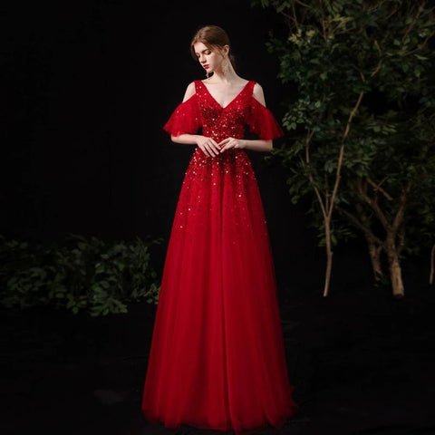 Women's V-Neck Evening Dress Sexy Prom Dresses Beaded Formal Dresses for Women