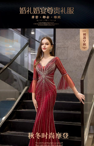 Robe de soirée sirène longue à col en V pour femme, robe de bal perlée 