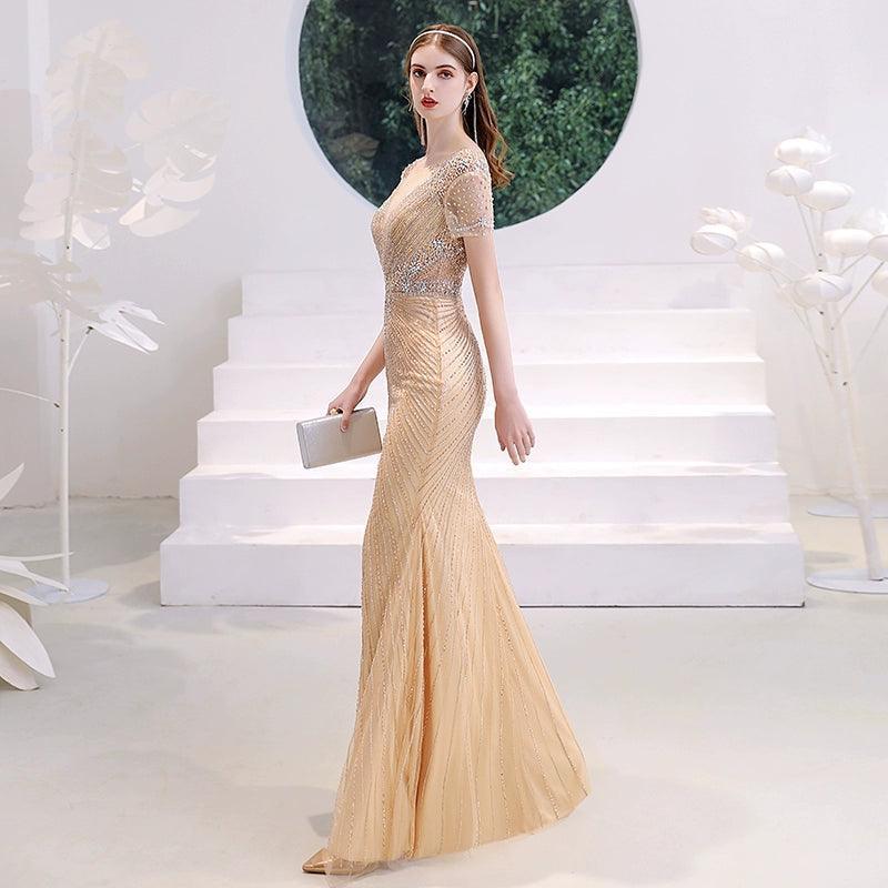 Robe de soirée sirène sexy pour femme, robe de bal longue et élégante avec perles 