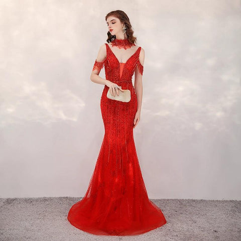 Robe de soirée sirène pour femme, robe de bal longue, robe de soirée perlée 