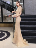 Women's Mermaid Evening Dress Long V-Neck Prom Dresses Beaded Formal Dresses