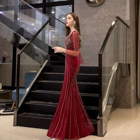 Robe de soirée sirène longue à col en V pour femme, robe de bal perlée 