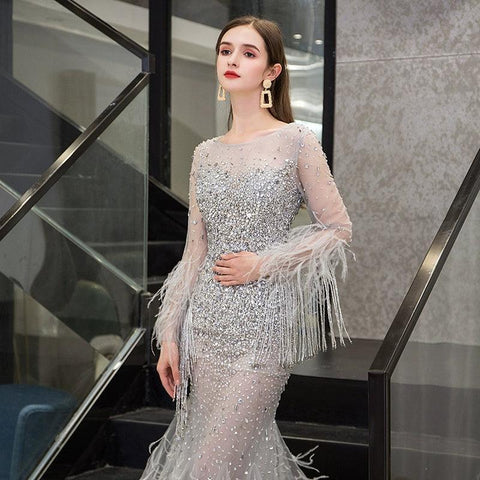 Women's Mermaid Evening Dress Long V-Neck Prom Dresses Beaded Formal Dresses