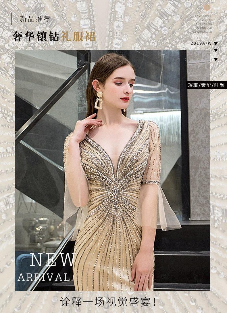 Women's Mermaid Evening Dress V-Neck Prom Dresses Beaded Formal Dresses for Women