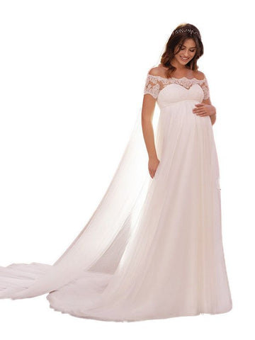 6129#Robe de mariée de maternité à manches courtes en dentelle, col simple et queue de cheval 