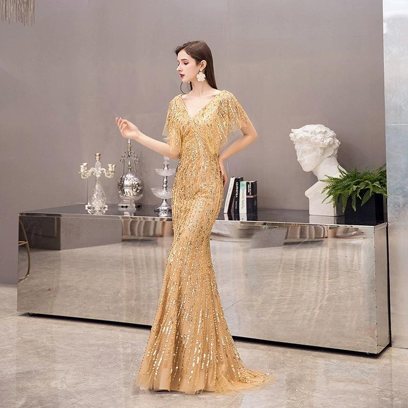 Vestido de noche con escote en V para mujer, vestido sexy de graduación, vestido formal con cuentas para mujer 