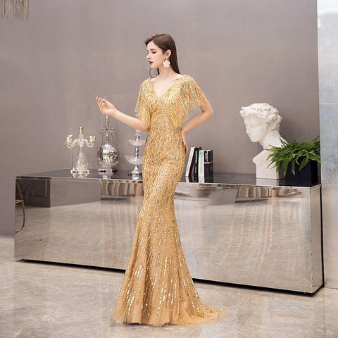 Women's V-Neck Evening Dress Sexy Prom Dresses Beaded Formal Dresses for Women