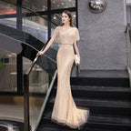Vestido de noche de sirena para mujer, vestido de fiesta largo con cuentas y escote en V, vestido formal para mujer 