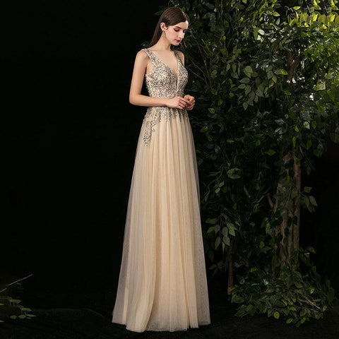 Women's A-Line Evening Dress Sexy Prom Dresses Sleeveless Beaded V-Neck Formal Dresses