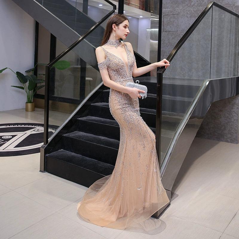 Baoleely Mermaid Evening Dress Beaded Sexy Prom Dresses Sleeveless Formal Dress for Women