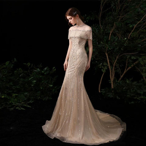 Robe de soirée sirène sexy pour femme, robe de bal longue et élégante avec perles 