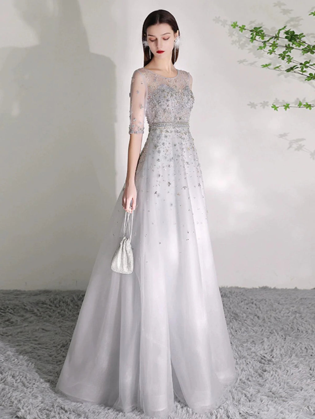 Women's A-Line Evening Dress Beaded Sexy Prom Dresses Half Sleeve Formal Dresses for Women