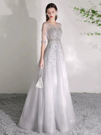 Women's A-Line Evening Dress Beaded Sexy Prom Dresses Half Sleeve Formal Dresses for Women