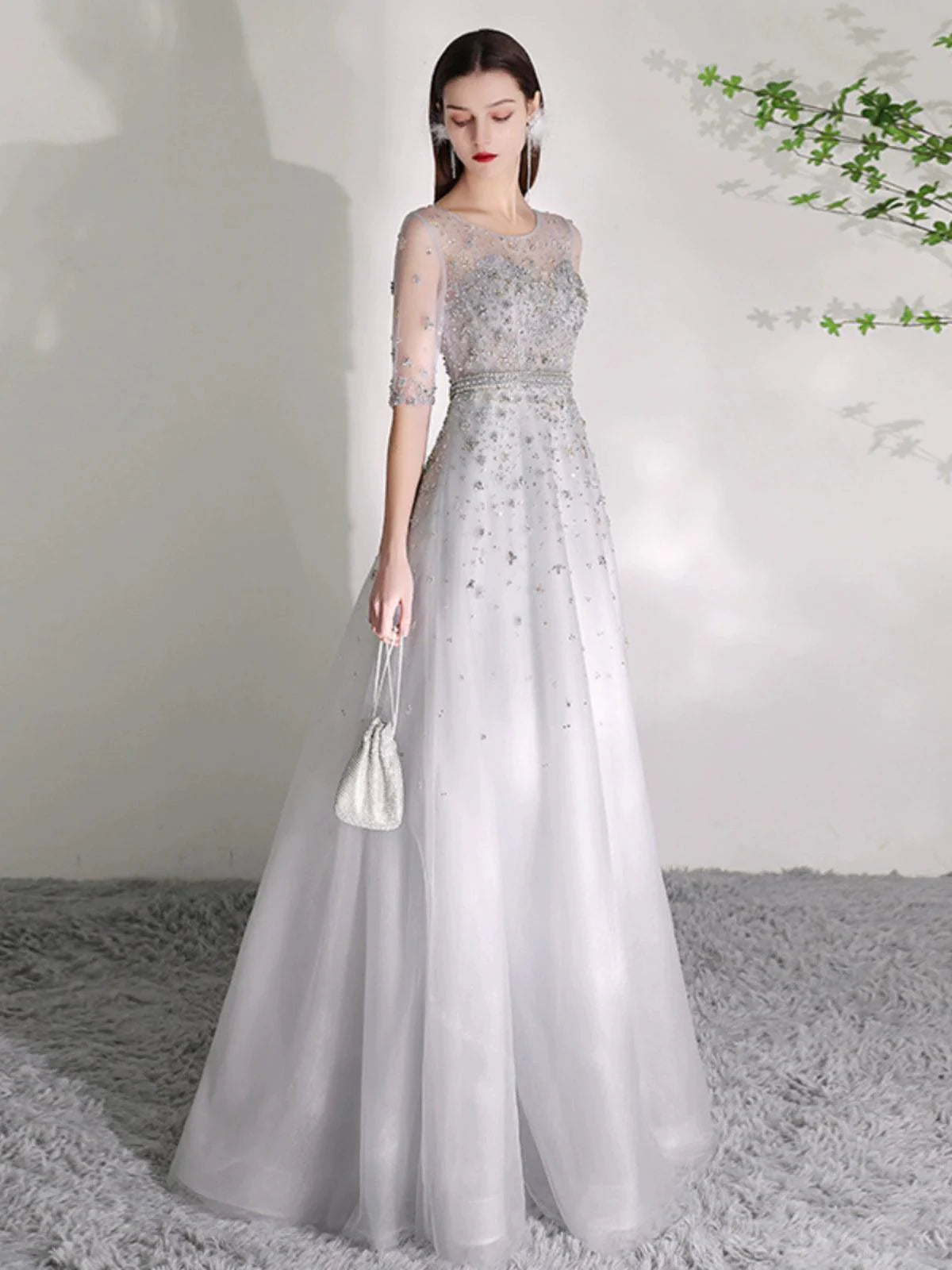 Women's A-Line Evening Dress Beaded Sexy Prom Dresses Half Sleeve Formal Dresses for Women