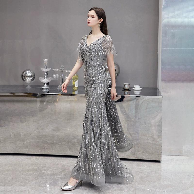 Vestido largo de noche sexy estilo sirena para mujer, vestido formal con cuentas y escote en V, vestido de graduación para mujer 
