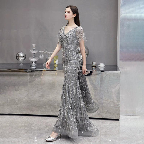 Robe de soirée sirène sexy pour femme, longue robe de soirée à col en V et perles 