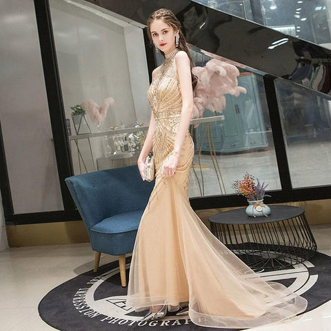 Vestido de noche de sirena para mujer, vestido de fiesta sexy con cuentas, sin mangas, vestido largo formal 