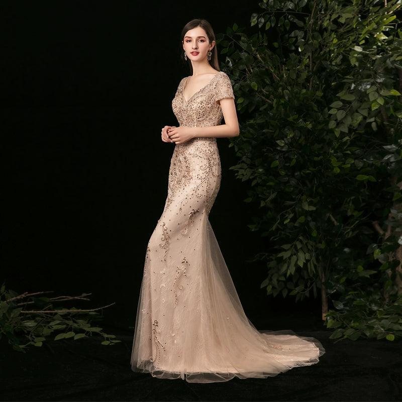 Women's Mermaid Evening Dress Long V-Neck Prom Dresses Beaded Formal Dresses