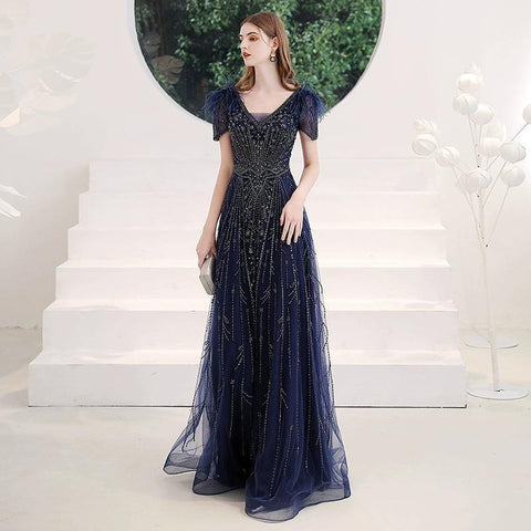 Robe de soirée à col en V, robe de bal sexy, robe de soirée perlée pour femme 