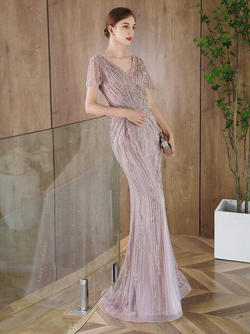 Vestido de noche de sirena para mujer, vestido de fiesta sexy con escote en V, vestido largo formal con cuentas 