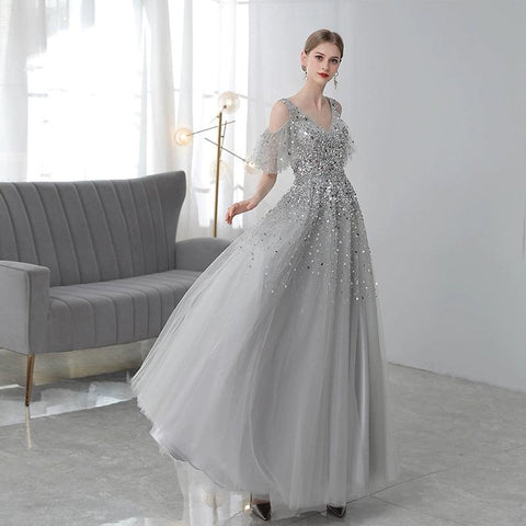 Robe de soirée trapèze sexy pour femme, col en V, perles, robe de bal 